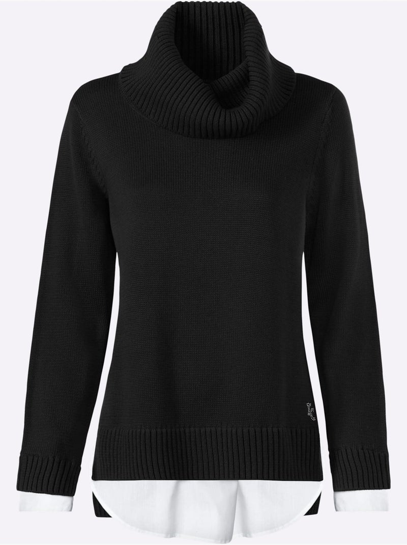 Pull à Col Roulé Empiècement Chemisier Manches Et Ourlet - Taille Standard - Helline Noir - Kiabi