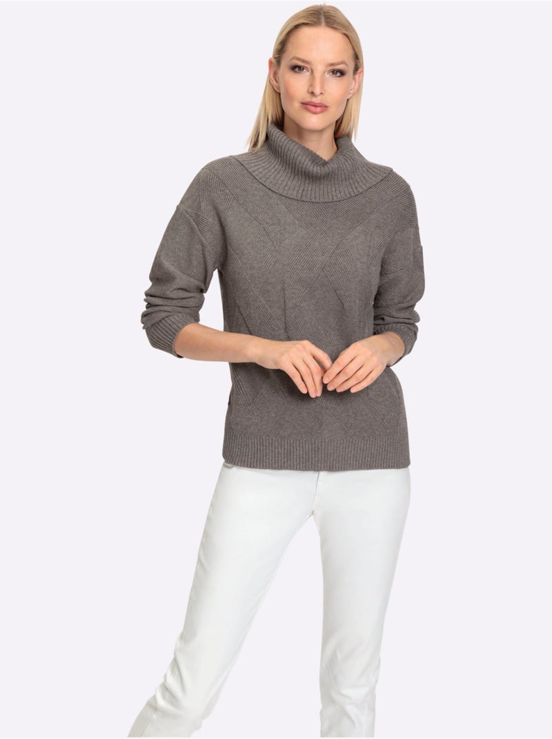 Pull à Col Roulé Joli Motif Tricoté - Taille Standard - Helline Gris taupe - Kiabi