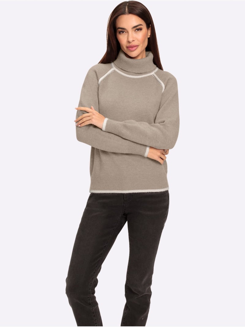 Pull à col roulé passepoils contrastés tendance - taille standard - helline Noir Ecru Gris - Kiabi
