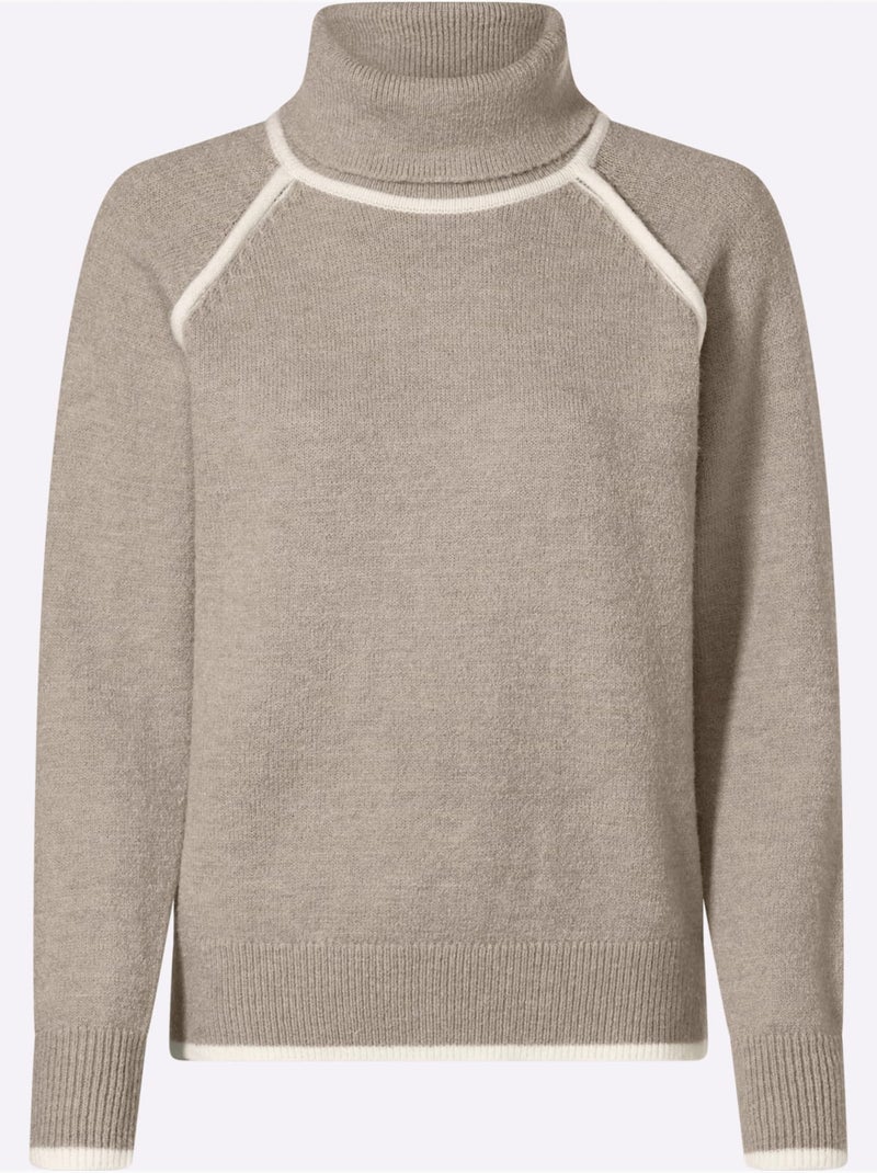 Pull à col roulé passepoils contrastés tendance - taille standard - helline Noir Ecru Gris - Kiabi