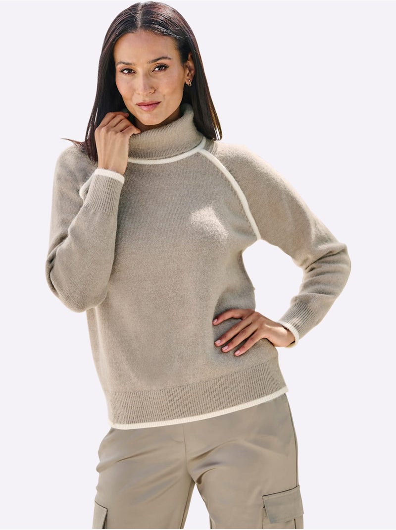 Pull à col roulé passepoils contrastés tendance - taille standard - helline Noir Ecru Gris - Kiabi
