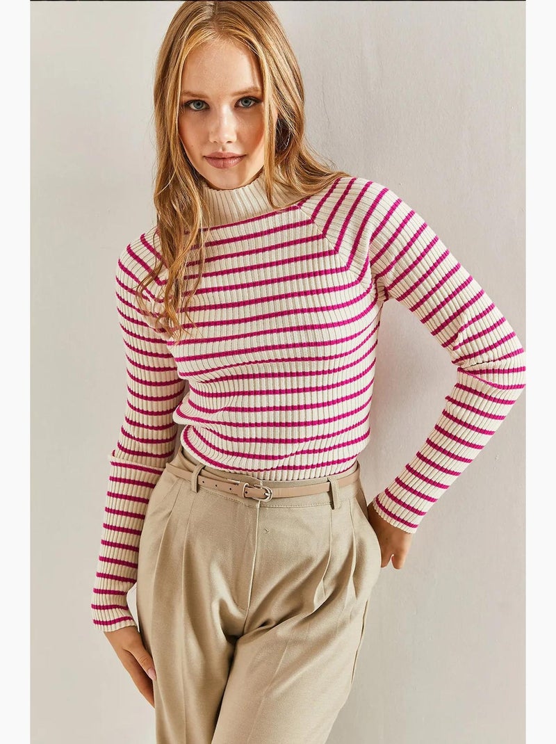 Pull à col roulé rayé lucci Magenta - Kiabi