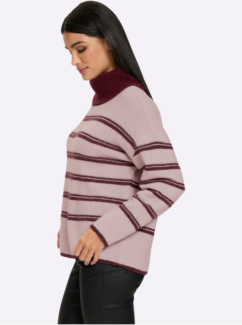 Pull à col roulé rayures contrastées - taille standard - helline Rose fushia - Kiabi
