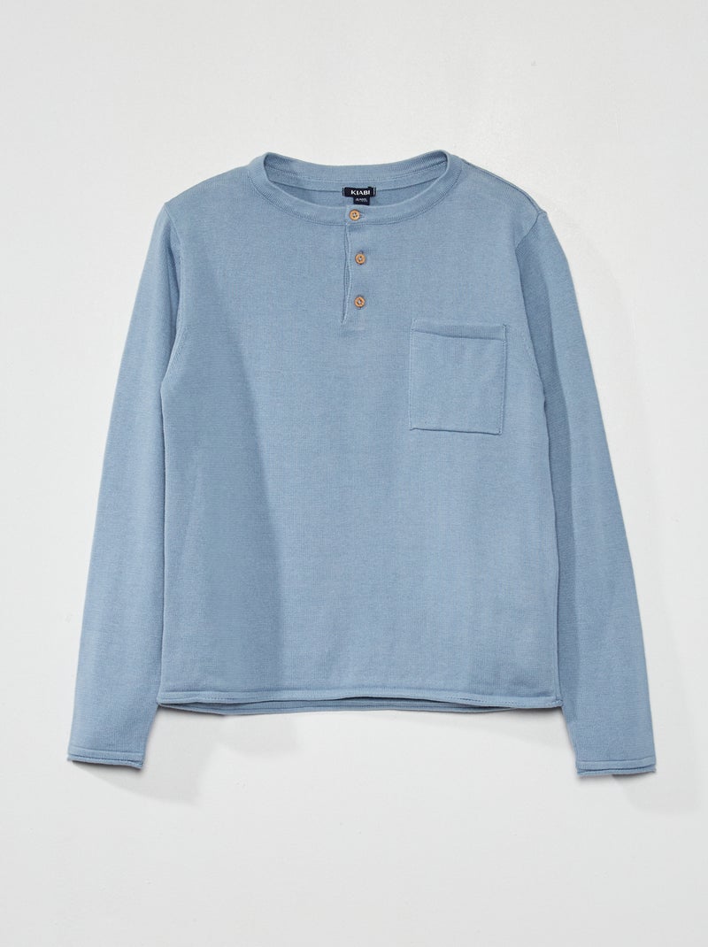 Pull à col tunisien bleu denim - Kiabi
