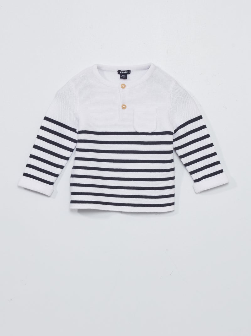 Pull à col tunisien en maille Blanc/noir à rayures - Kiabi
