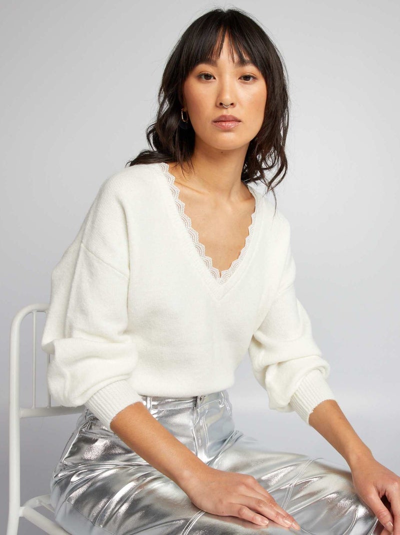 Pull à col V en dentelle blanc - Kiabi
