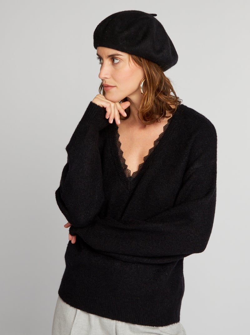Pull à col V en dentelle noir - Kiabi