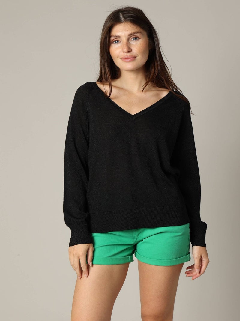 Pull à col V en maille fine avec finition délicatement brillante 'Deeluxe' Noir - Kiabi