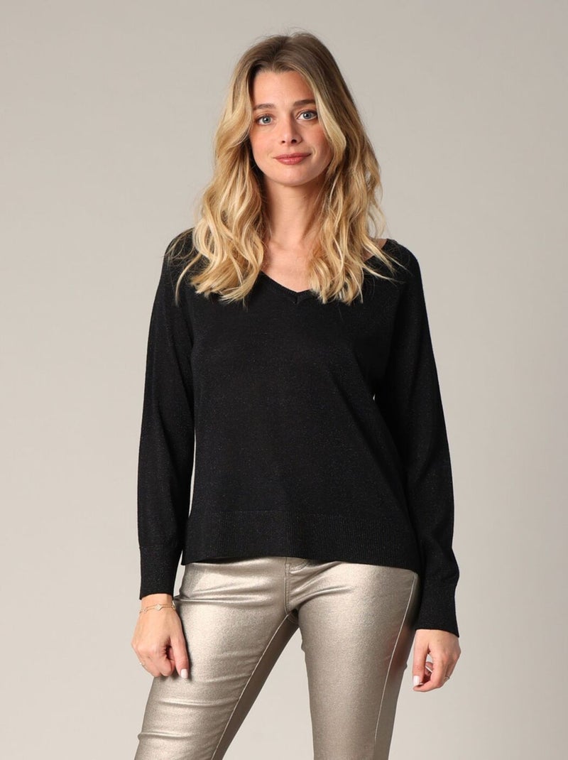 Pull à col V en maille fine
 'Deeluxe' Noir - Kiabi