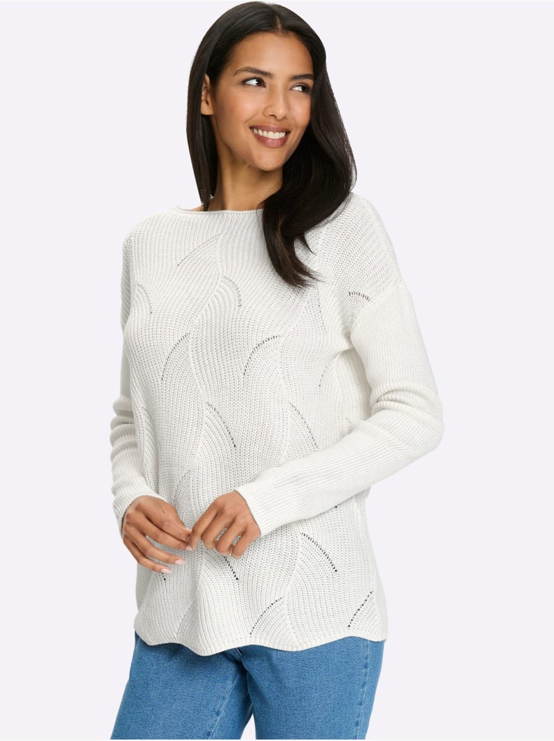 Pull à encolure en U avec motif tricoté et manches longues - Taille standard - Moda Vilona Ecru - Kiabi