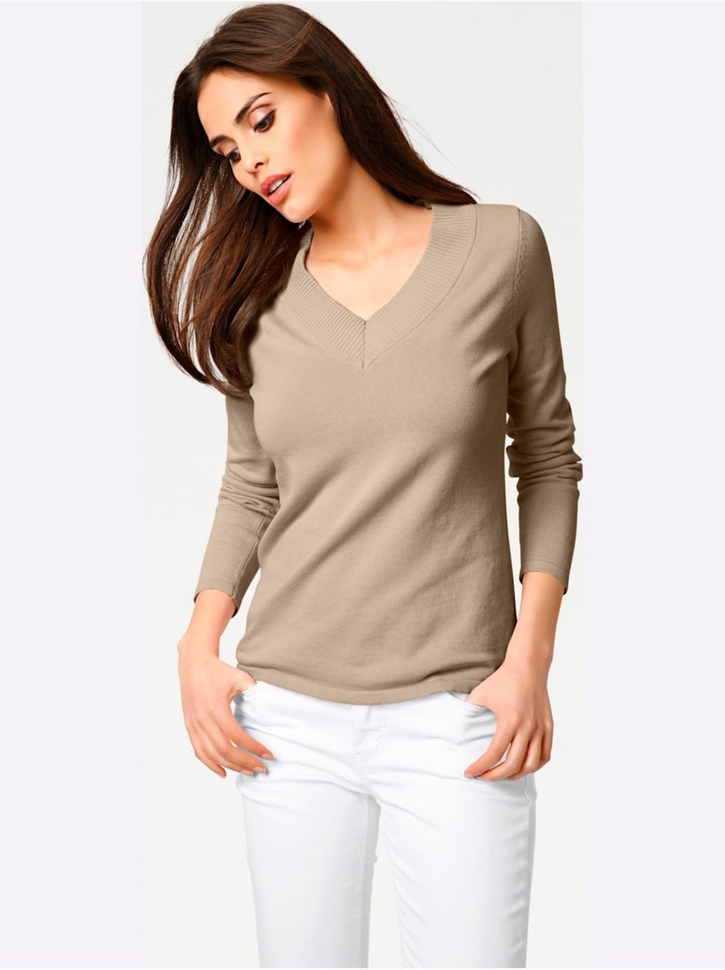 Pull à Encolure En V - Taille Standard - Helline Beige - Kiabi