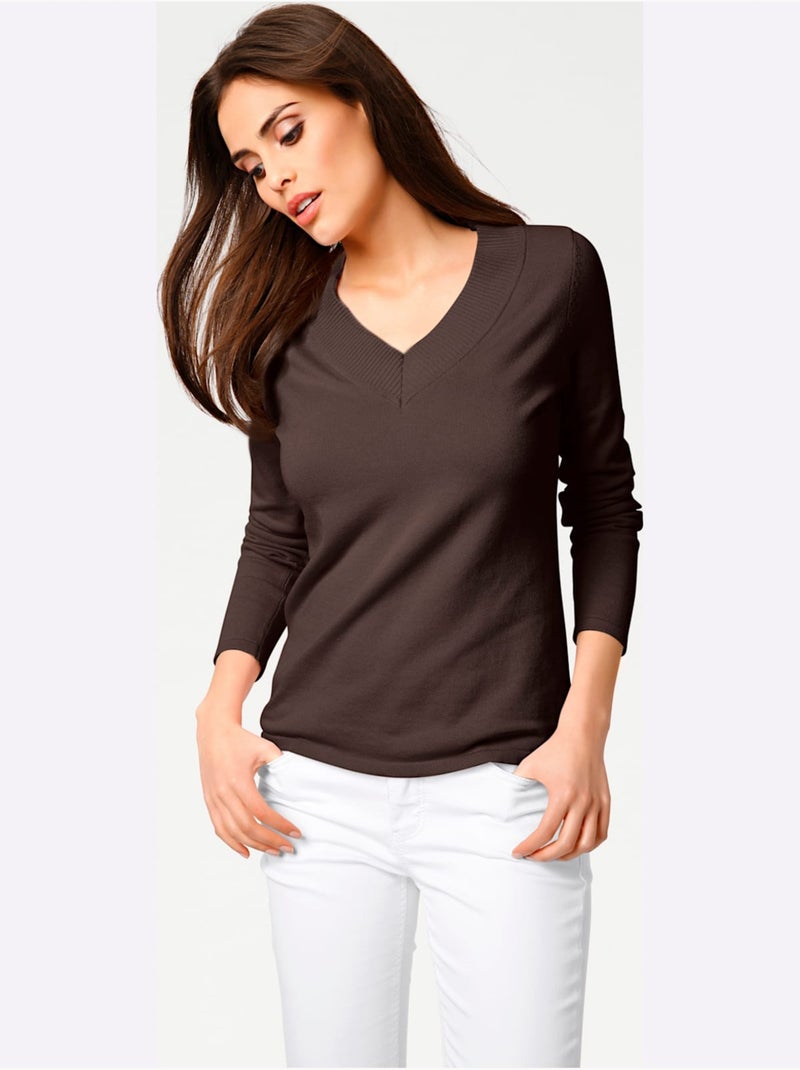 Pull à Encolure En V - Taille Standard - Helline Marron/Choco - Kiabi