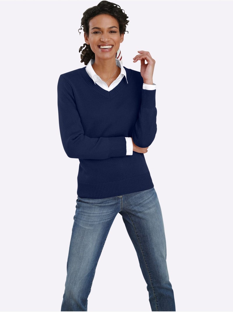 Pull à Encolure En V 50% Coton - Taille Standard - Witt Bleu marine - Kiabi