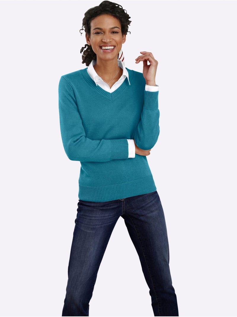 Pull à Encolure En V 50% Coton - Taille Standard - Witt Bleu pétrole - Kiabi