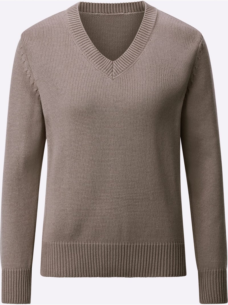 Pull à Encolure En V 50% Coton - Taille Standard - Witt Gris taupe - Kiabi