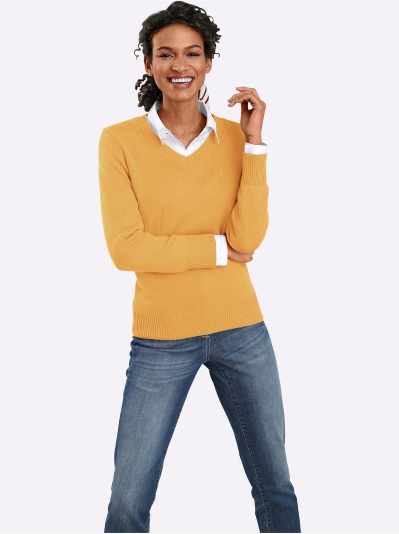 Pull à Encolure En V 50% Coton - Taille Standard - Witt Jaune - Kiabi