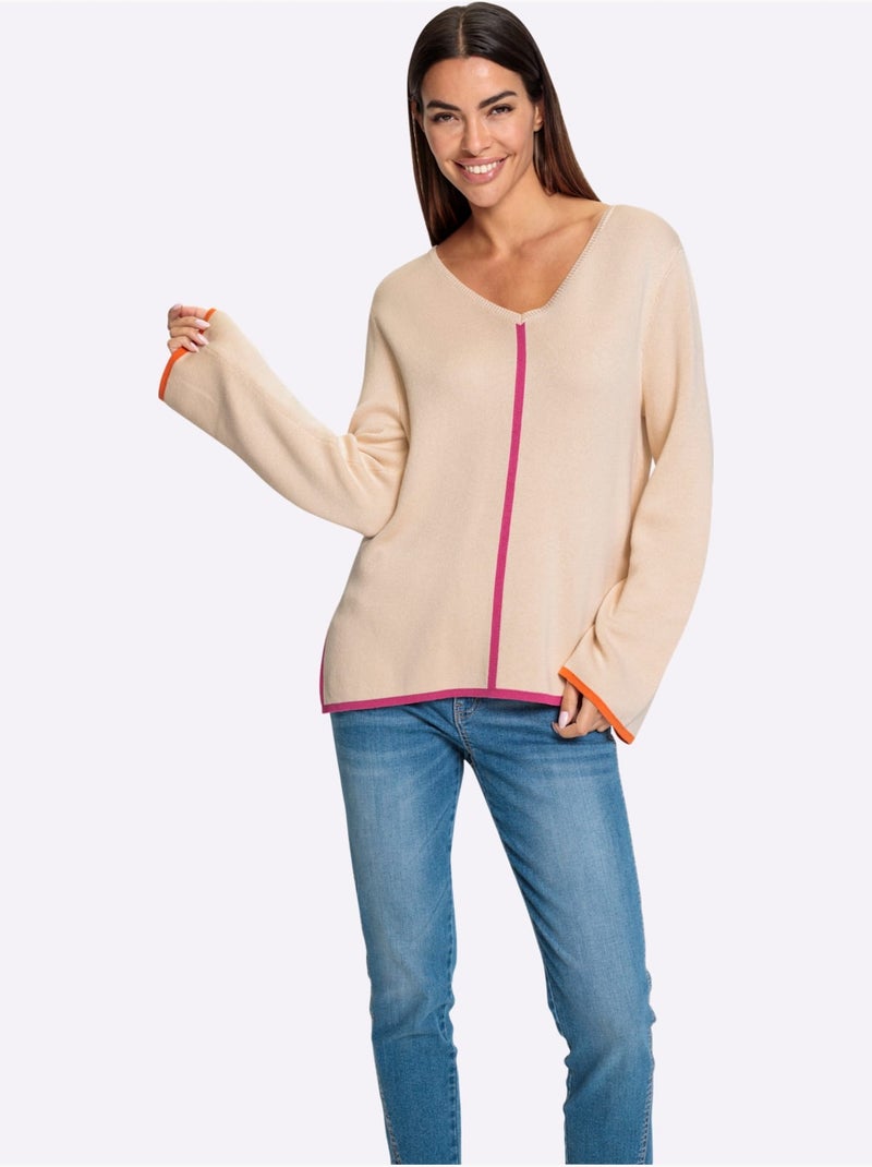 Pull à Encolure En V Détails Contrastés - Taille Standard - Helline Marron - Kiabi