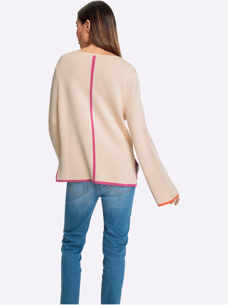 Pull à Encolure En V Détails Contrastés - Taille Standard - Helline Marron - Kiabi