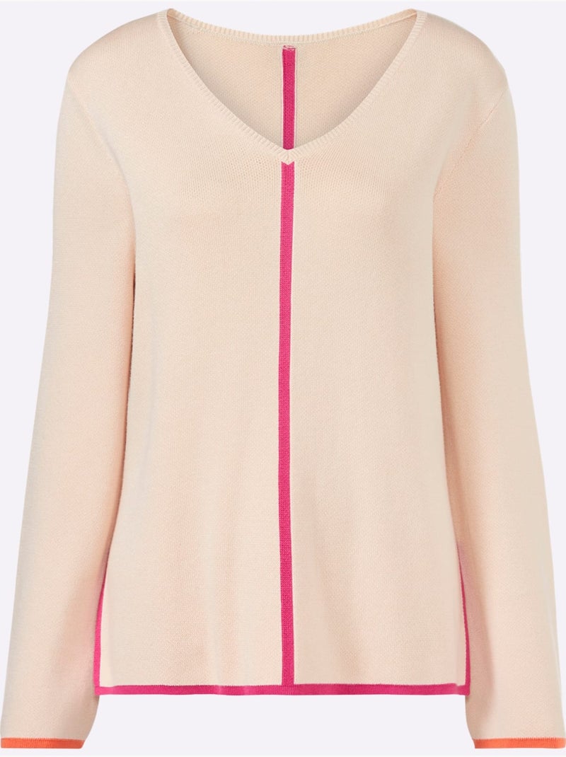 Pull à Encolure En V Détails Contrastés - Taille Standard - Helline Marron - Kiabi