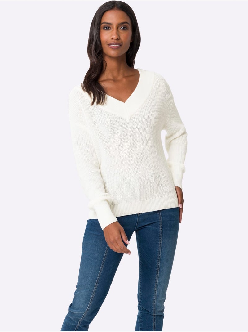 Pull à Encolure En V Encolure En V Affinante - Taille Standard - Helline Ecru - Kiabi