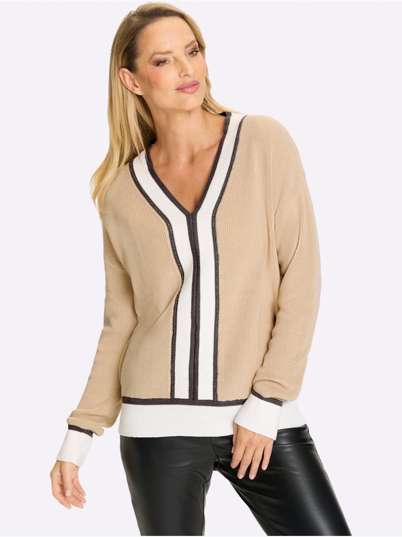 Pull à Encolure En V Pur Coton - Taille Standard - Helline Sable - Kiabi