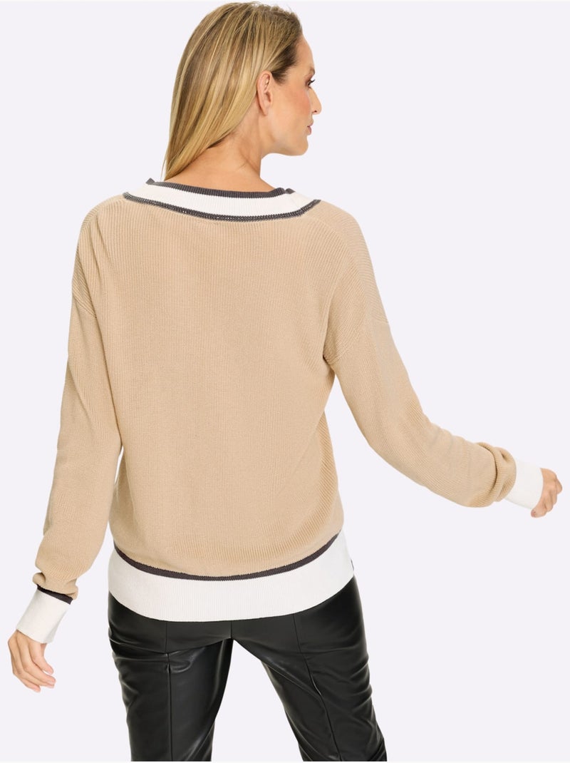 Pull à Encolure En V Pur Coton - Taille Standard - Helline Sable - Kiabi