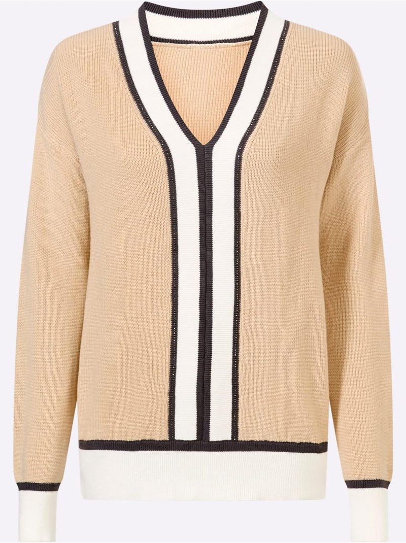 Pull à Encolure En V Pur Coton - Taille Standard - Helline Sable - Kiabi