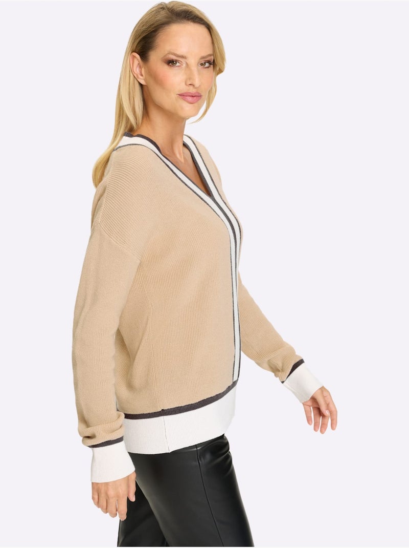 Pull à Encolure En V Pur Coton - Taille Standard - Helline Sable - Kiabi