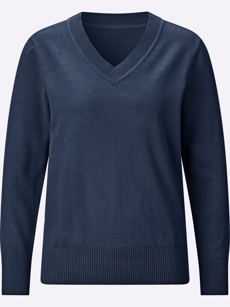 Pull à encolure en v pur coton - taille standard - moda vilona Bleu foncé - Kiabi
