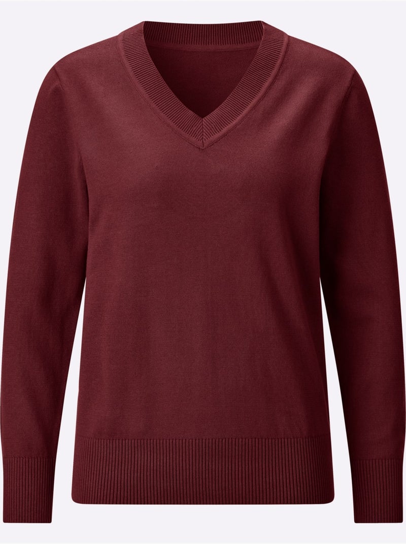 Pull à encolure en v pur coton - taille standard - moda vilona Bordeaux - Kiabi