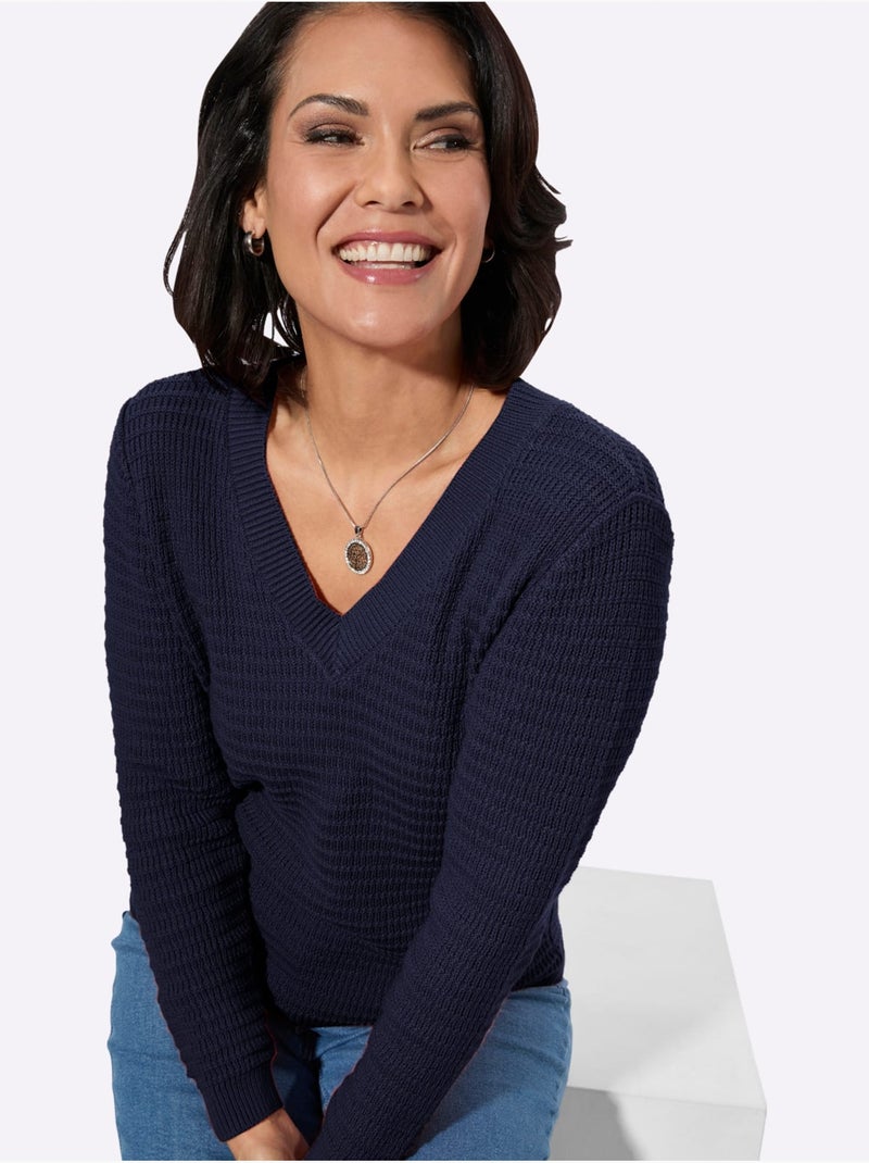 Pull à Encolure En V Pur Coton - Taille Standard - Witt Bleu marine - Kiabi