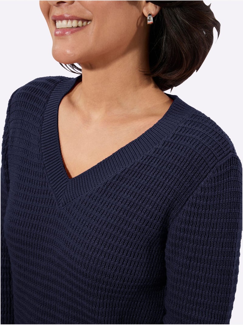 Pull à Encolure En V Pur Coton - Taille Standard - Witt Bleu marine - Kiabi