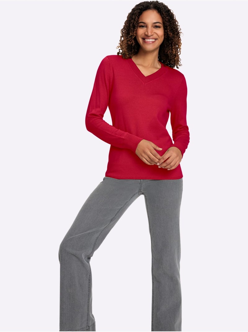 Pull à encolure en v pur coton - taille standard - witt Rouge - Kiabi
