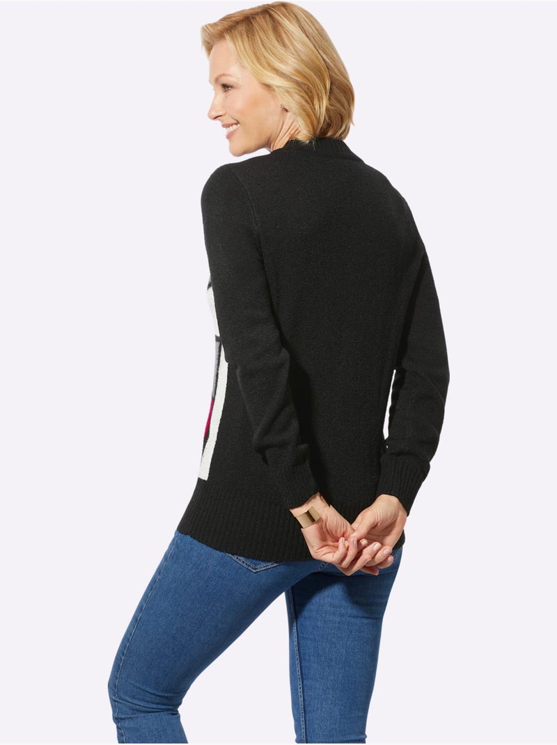 Pull à encolure ronde à motif géométrique et manches longues - taille standard - witt Noir Rouge - Kiabi