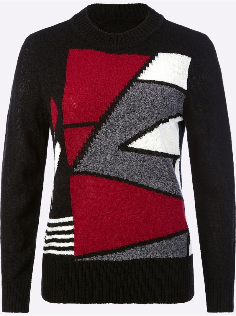 Pull à encolure ronde à motif géométrique et manches longues - taille standard - witt Noir Rouge - Kiabi