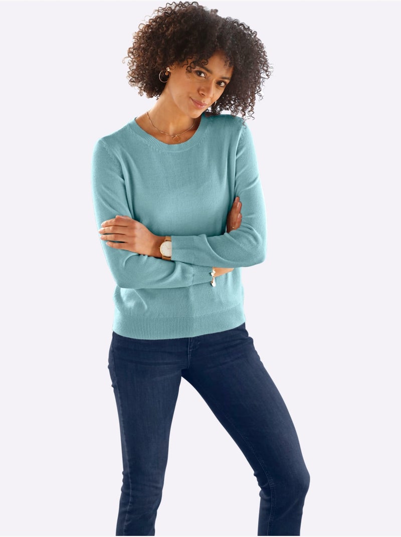 Pull à encolure ronde avec manches longues et bords-côtes - Taille standard - Moda Vilona Vert d'eau - Kiabi