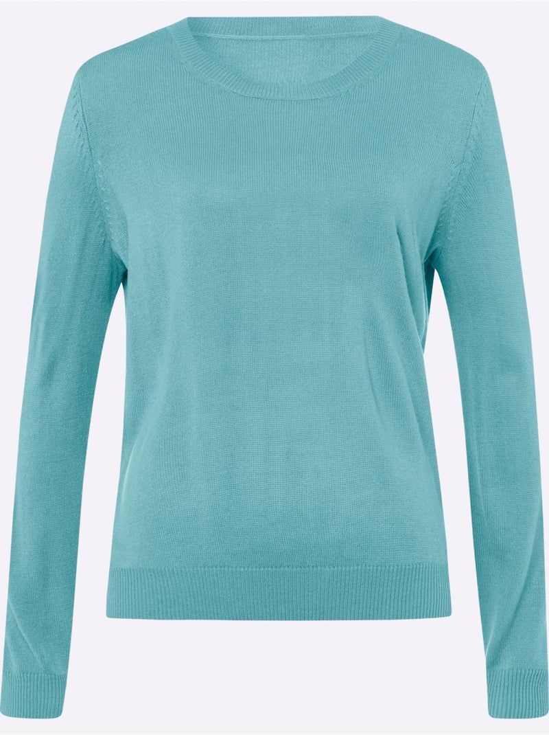 Pull à encolure ronde avec manches longues et bords-côtes - Taille standard - Moda Vilona Vert d'eau - Kiabi