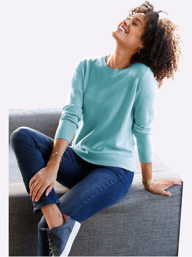 Pull à encolure ronde avec manches longues et bords-côtes - Taille standard - Moda Vilona Vert d'eau - Kiabi