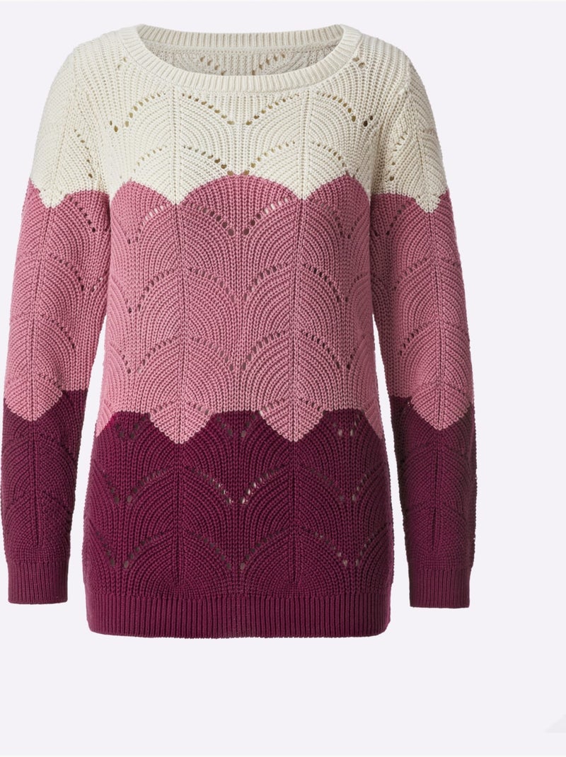 Pull à encolure ronde avec tricot ajouré et finitions côtelées - Taille standard - Moda Vilona Mauve - Kiabi