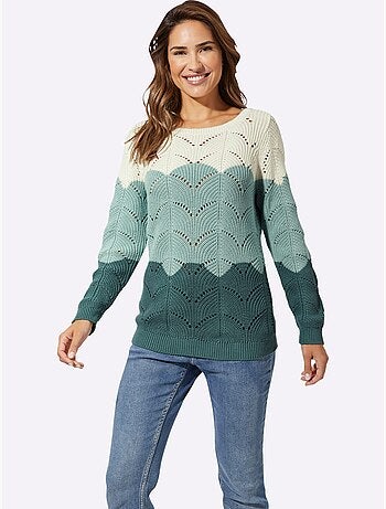 Pull à encolure ronde en tricot ajouré avec finitions côtelées - Taille standard - Moda Vilona