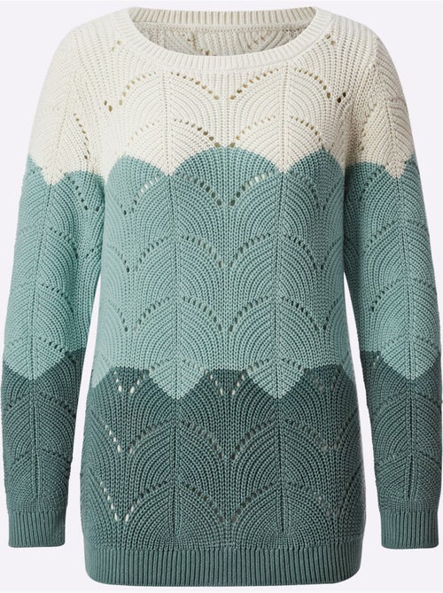 Pull à encolure ronde en tricot ajouré avec finitions côtelées - Taille standard - Moda Vilona - Kiabi Pull à encolure ronde en tricot ajouré avec finitions côtelées - Taille standard - Moda Vilona - Kiabi