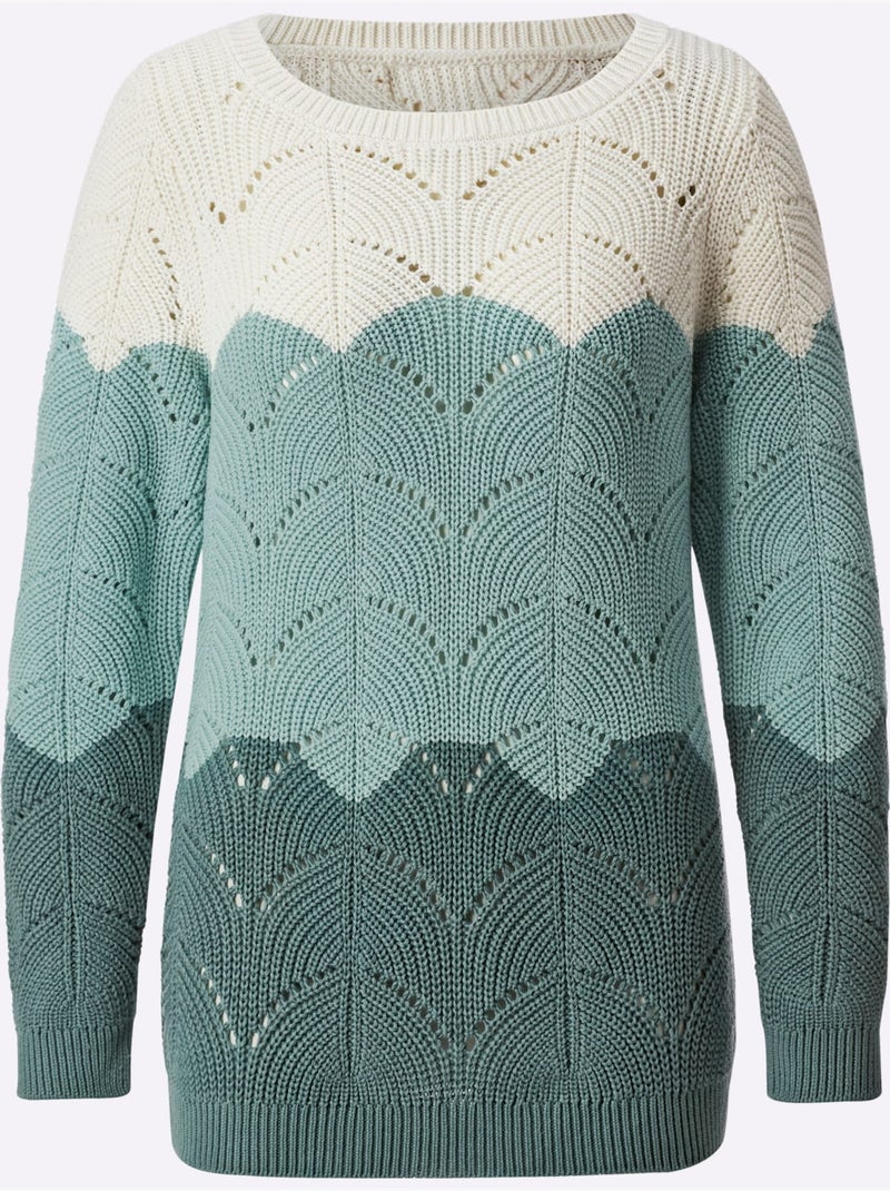 Pull à encolure ronde en tricot ajouré avec finitions côtelées - Taille standard - Moda Vilona Blanc Vert - Kiabi