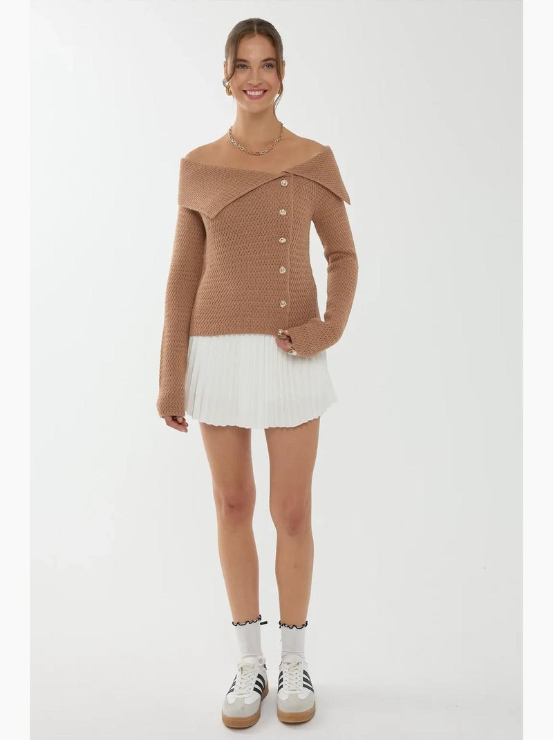 Pull à épaules dénudées et boutons hiccup Marron - Kiabi