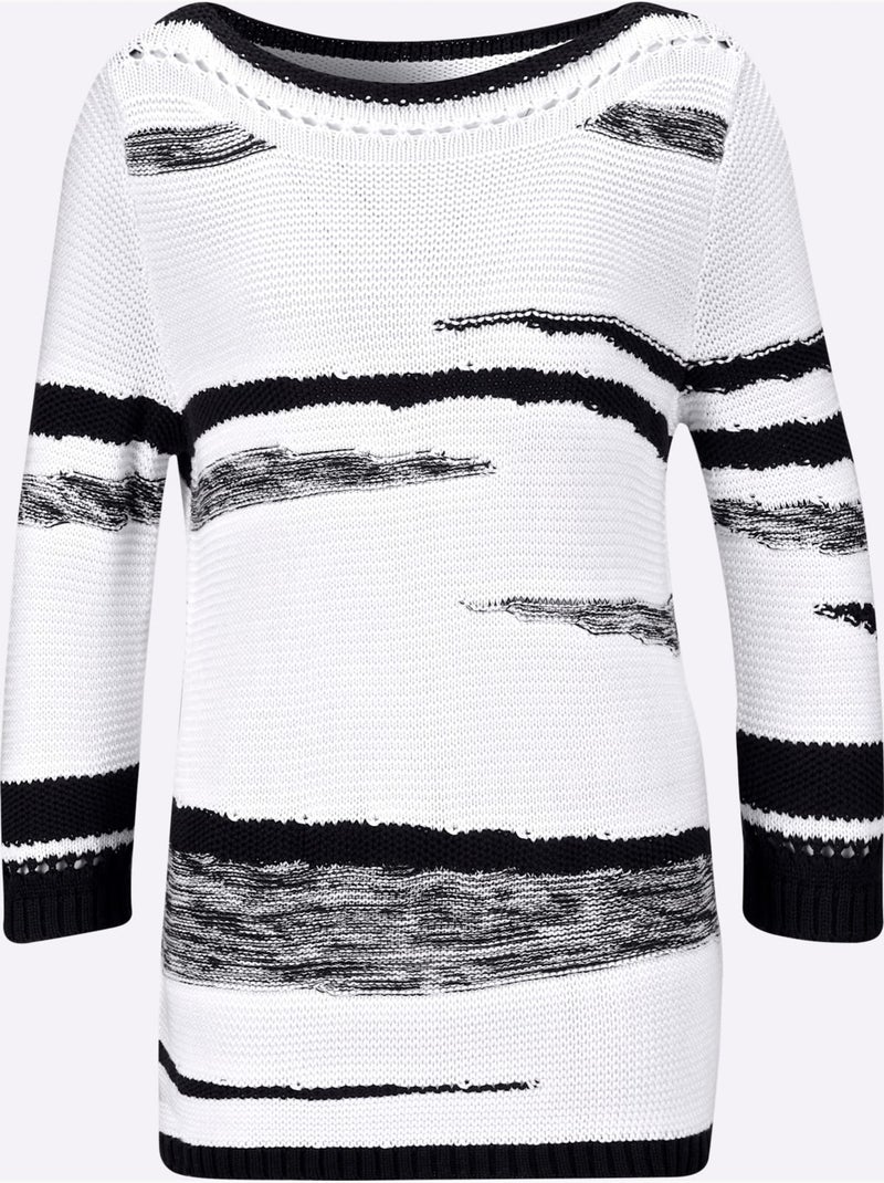 Pull à Manches 3/4 50% Coton - Taille Standard - Helline Blanc Noir - Kiabi