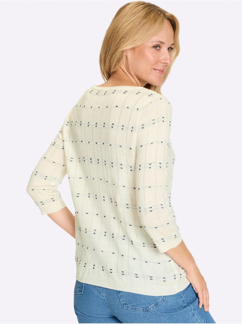Pull à manches 3/4 à motif tricoté et finitions côtelées - Taille standard - Moda Vilona Bleu Ecru Bleu - Kiabi
