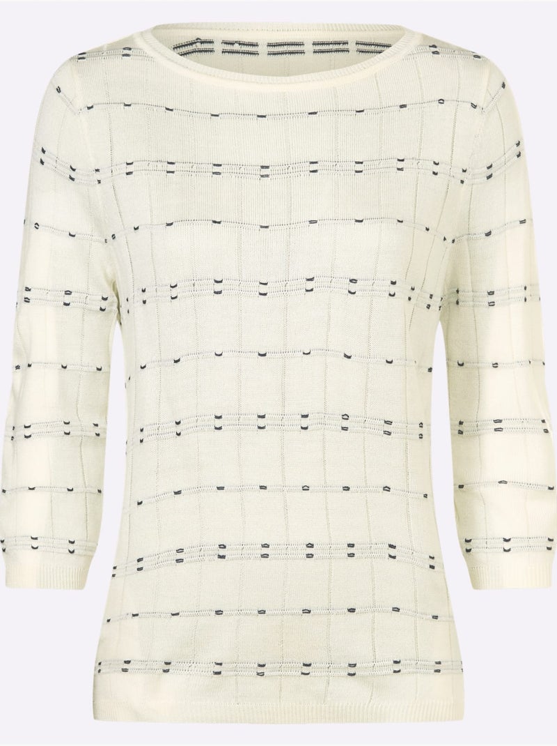 Pull à manches 3/4 à motif tricoté et finitions côtelées - Taille standard - Moda Vilona Bleu Ecru Bleu - Kiabi