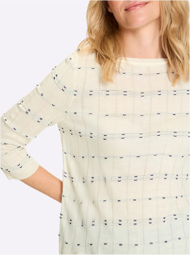 Pull à manches 3/4 à motif tricoté et finitions côtelées - Taille standard - Moda Vilona Bleu Ecru Bleu - Kiabi