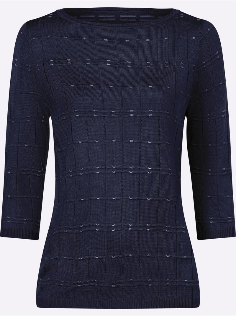Pull à manches 3/4 à motif tricoté et finitions côtelées - Taille standard - Moda Vilona Ecru/Marine - Kiabi
