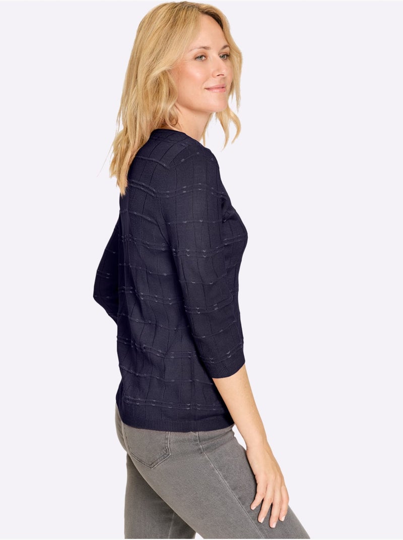 Pull à manches 3/4 à motif tricoté et finitions côtelées - Taille standard - Moda Vilona Ecru/Marine - Kiabi
