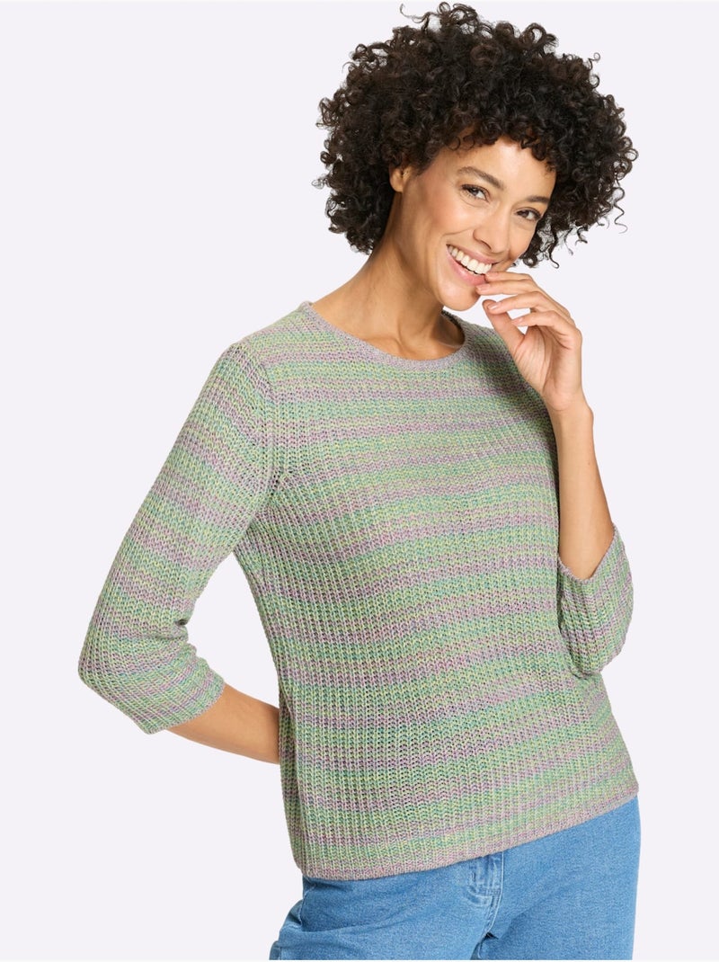 Pull à Manches 3/4 Aspect Grosses Mailles - Taille Standard - Moda Vilona Bleu Ecru - Kiabi